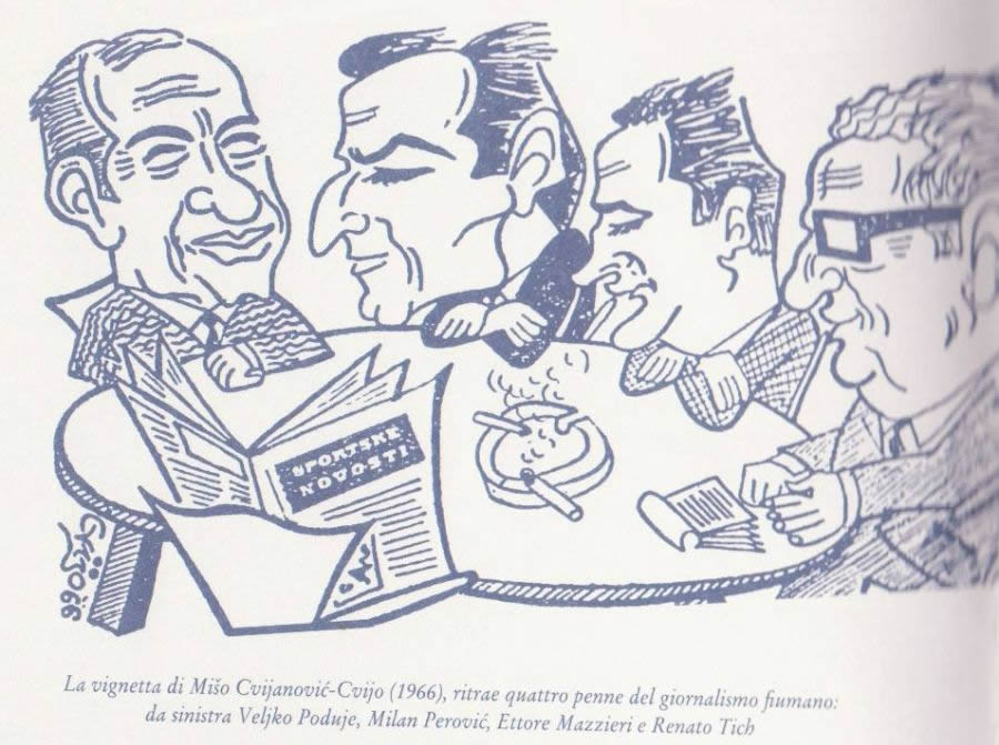 Riječki sportski novinari, slijeva:VELJKO PODUJE, MILAN PEROVIĆ, ETTORE MAZZIERI i RENATO TICH. Karikatura Miše Cvijanovića-Cvije iz 1966.godine, objavljena u zagrebačkim "Sportskim novostima".