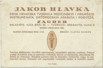 JAKOB HLAVKA – Prva hrvatska tvornica medicinskih i hirurških instrumenata, ortopedskih aparata i podveza