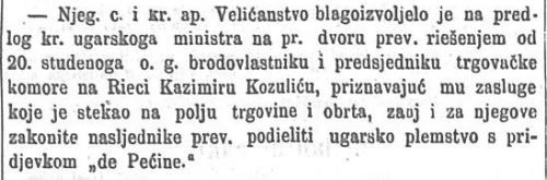 Obavijest u Narodnim novinama da je 20.studenog 1872. car Franjo Josip dodijelio plemstvo Kazimiru Kozuliću s pridjevkom de Pećine