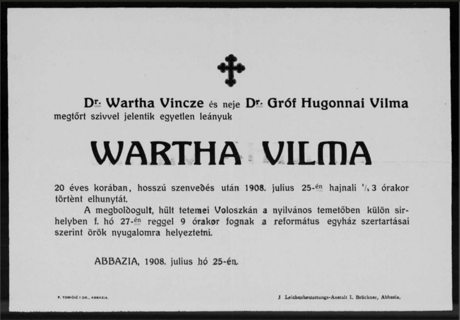 Osmrtnica Vilme Warthe, kćeri Vincea Warthe