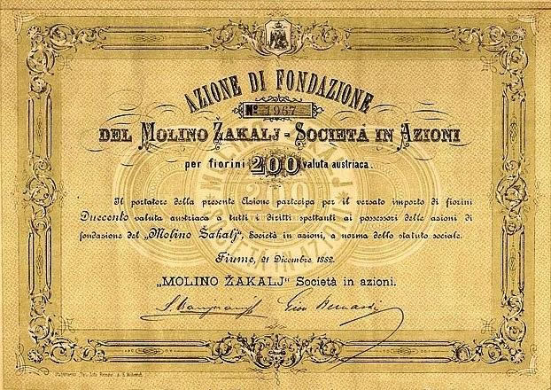 Dionica Mlina Žakalj na 200 fiorina. 21. prosinca 1882