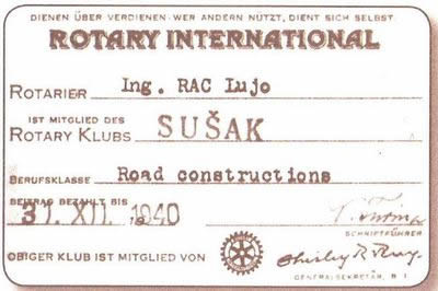 Iskaznica Rotary kluba Sušak, 1940