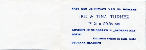 Karta koncerta Ike i Tina Turner, Rijeka, 17. 11. 1975.